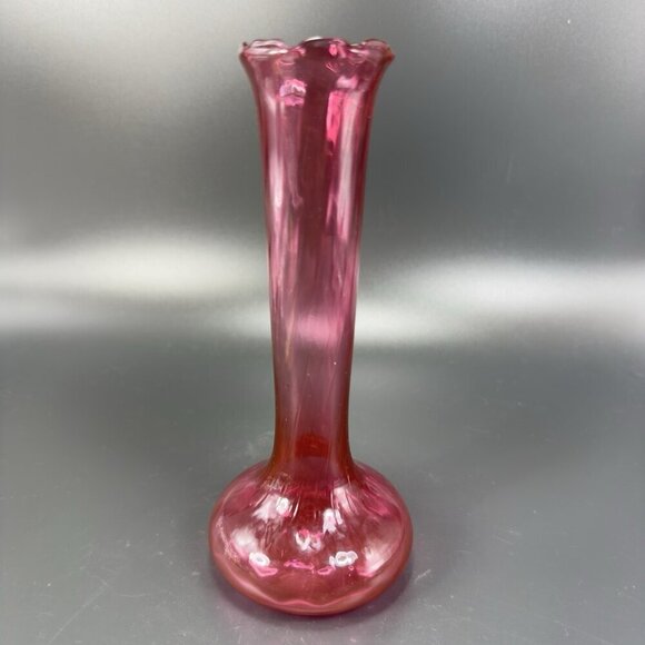 Antique Cranberry Art Glass Vase Wavy Ruffled Top Bud Vase Hand Blown Textured - Picture 9 of 11